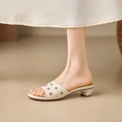 leather cowhide round head metal flower rivet exposed toe middle Heel