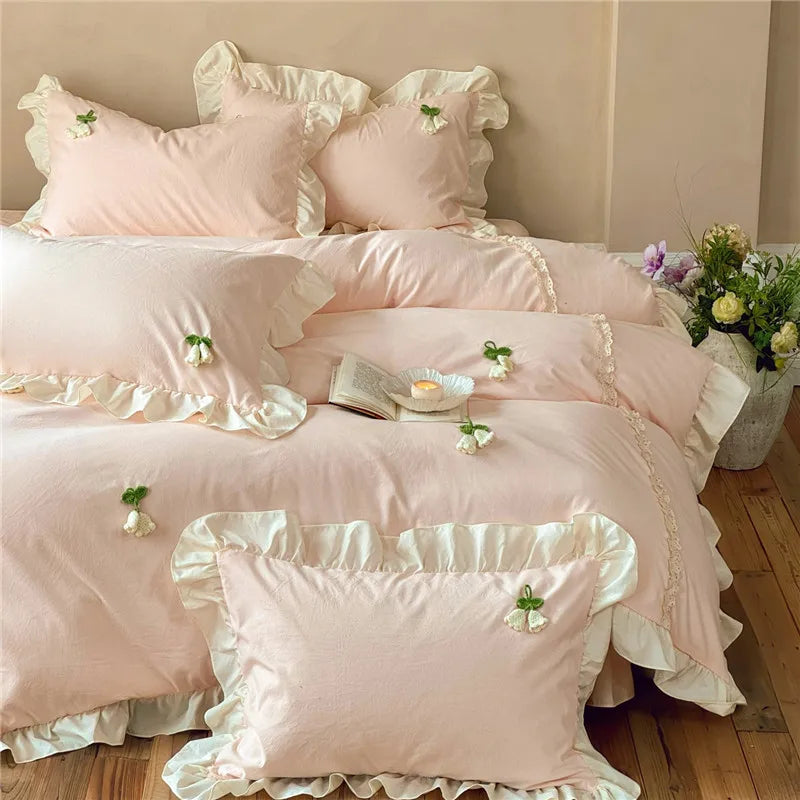 3/4Pcs Korean Princess Style Ruffles Washed Cotton Bedding Set