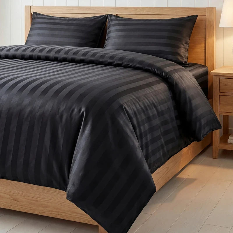 Luxury Black Satin Striped Duvet Cover Set, Silky Jacquard Vertical Stripe Bedding with Duvet Cover and Pillow Cases 2/3Pcs