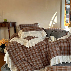Vintage Plaid Flowers Lace Ruffles Bedding Set
