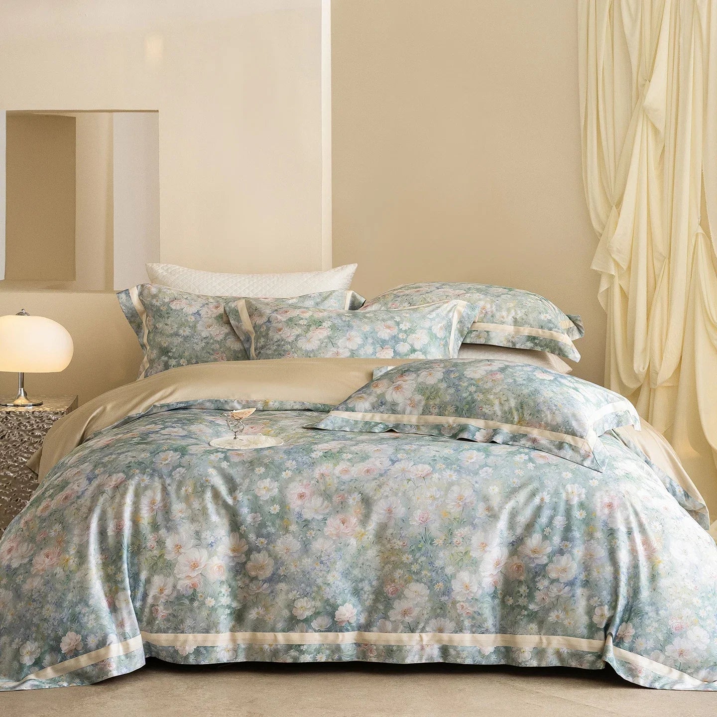 Luxury 600TC Lyocell Cotton Bedding Set, Floral Print Duvet Cover Set with Pillowcases, Soft Silky Bed Sheet/Fitted Sheet 4Pcs