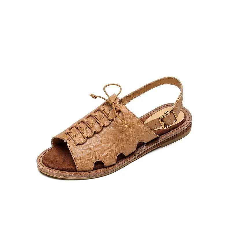 leather sheepskin elastic lace up low Heel