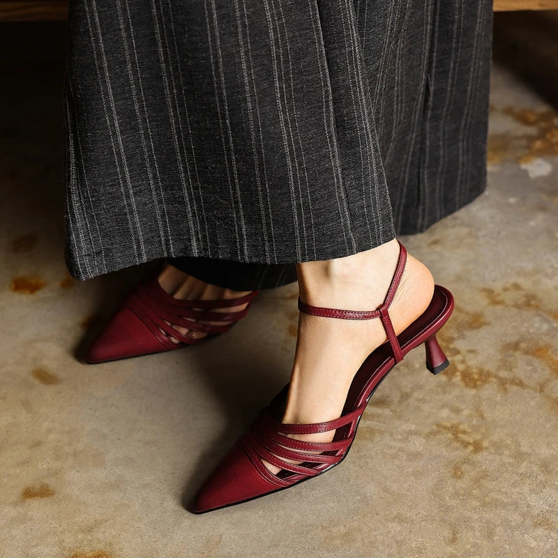 leather cowhide pointed elastic band high Heel