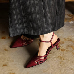 leather cowhide pointed elastic band high Heel