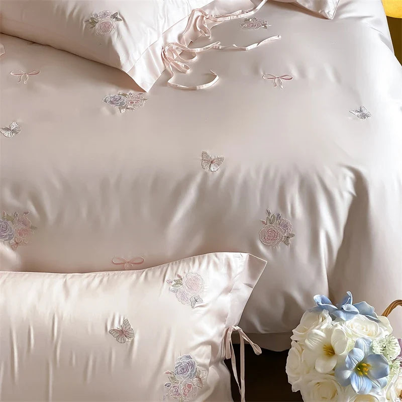 Pink Flowers Butterfly Embroidery Lace-Up Princess Bedding Set