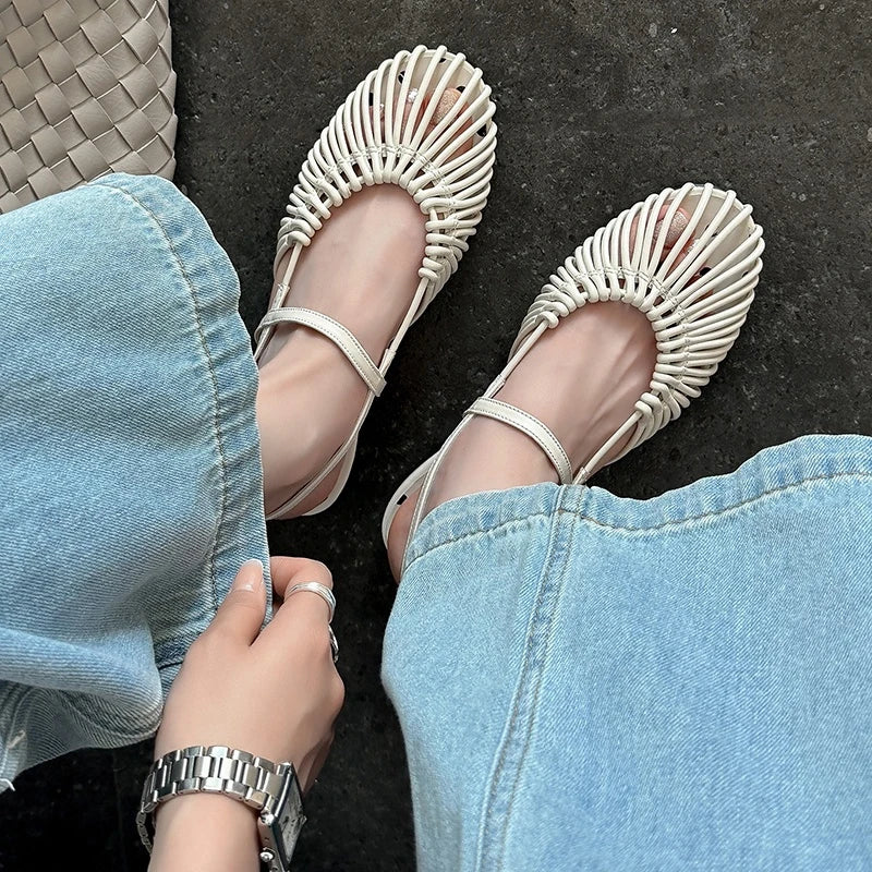 leather cowhide round toe hollow out comfortable breathable loose grip low Heel