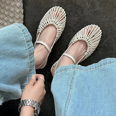 leather cowhide round toe hollow out comfortable breathable loose grip low Heel