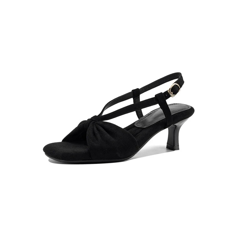 sheep suede square toe open toe high-heeled elastic belt buckle fish mouth sandals