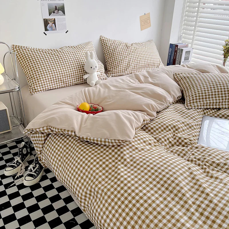 Brushed Japanese Muji-Style Plaid Striped Duvet Cover and 2 Pillowcases minimal queen twin size quilt cover 3pcs bedding sets