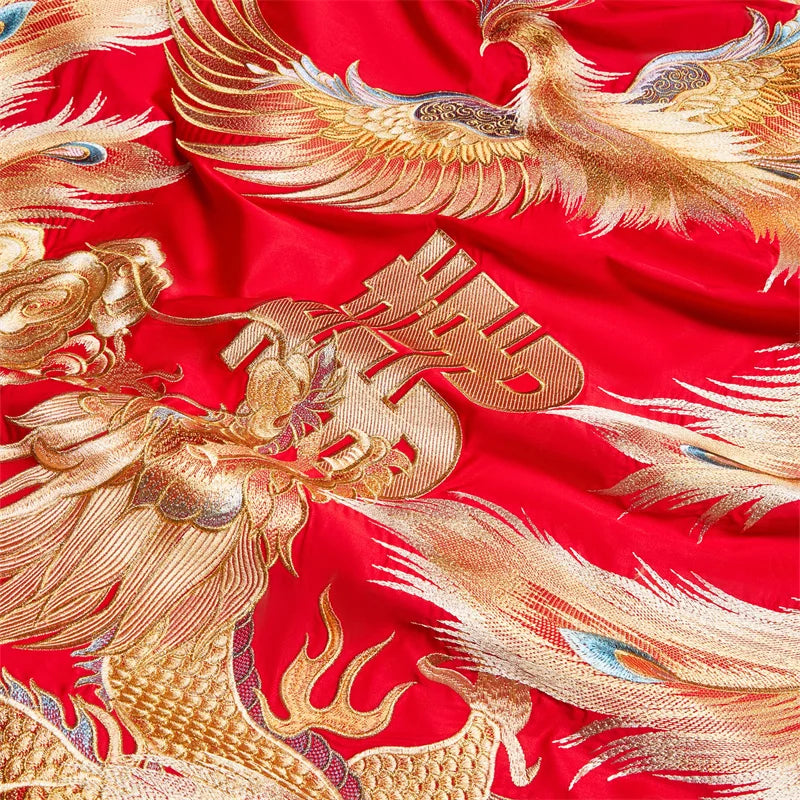 Chinese Style Wedding Dragon Phoenix Embroidery Egyptian Cotton Bedding Set