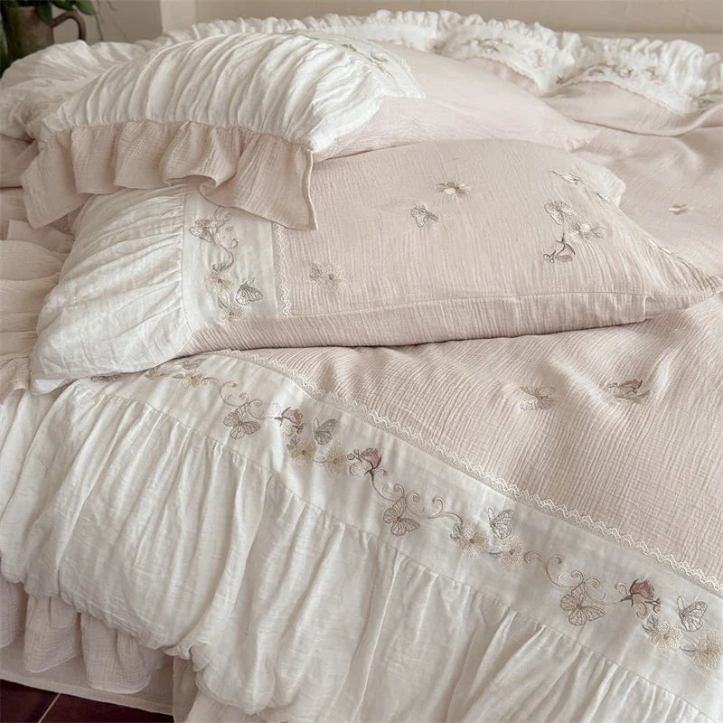 Flowers Embroidery Pleated Ruffles Bedding Set