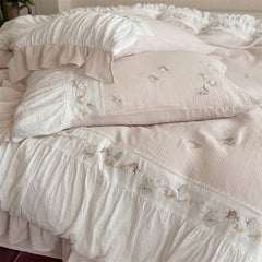 Flowers Embroidery Pleated Ruffles Bedding Set