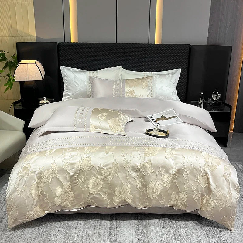 3/4Pcs White Luxury Egyptian Cotton Bedding Hotel Quality Washed Silk Cooling Queen Duvet Cover Summer Bedspreads Pillowcase