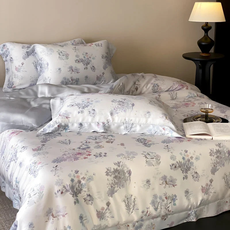 Luxury Lyocell Soft Silky Cooling Bedding Set, Watercolor Floral Print Duvet Cover Set, Bed Sheet/Fitted Sheet, Pillowcase, 4Pcs