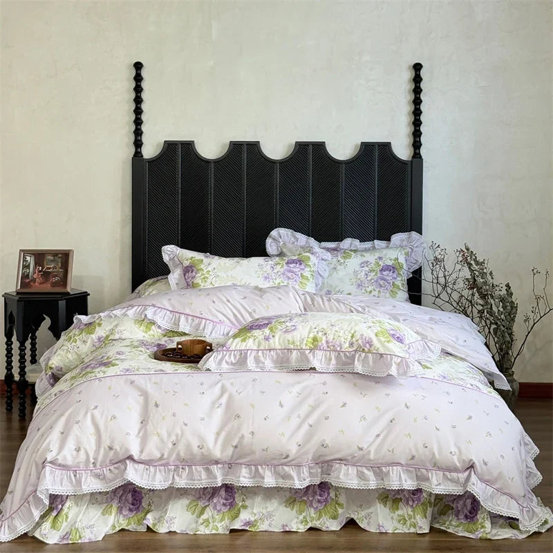 100% Cotton Vintage Countryside Floral Print Ruffle Bedding Set