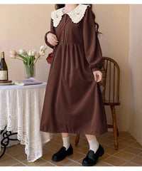 Forest Flower Corduroy Cottagecore Dress with Embroidery