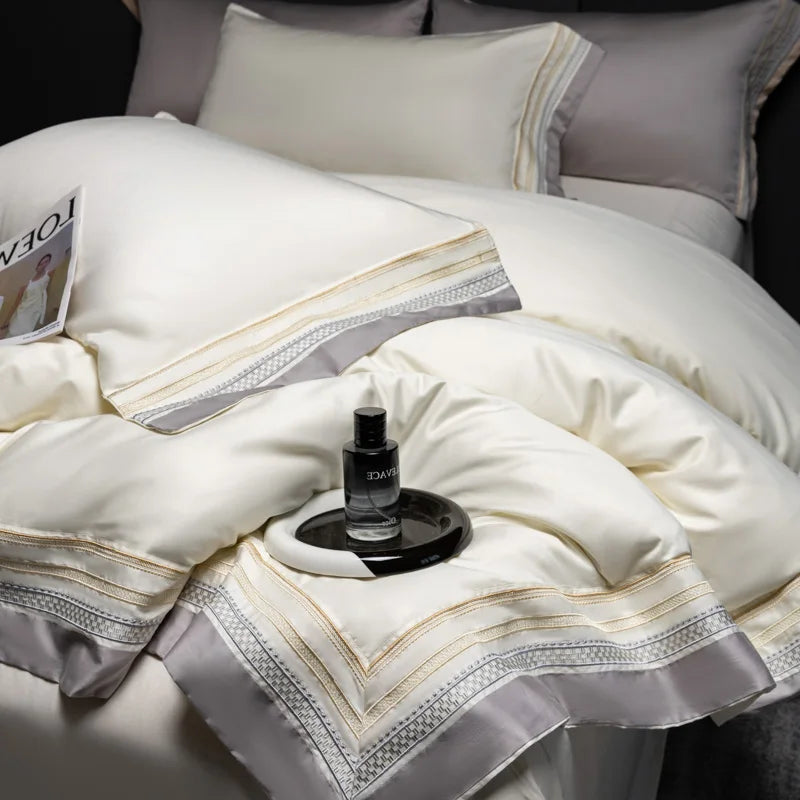 Luxury 600TC Long Staple Cotton Bedding Set, Cream White with Grey Embroidery Border, Soft Duvet Cover Flat Sheet Pillowcases
