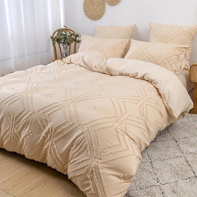 Bohemian Grid Tufted Duvet Cover Set All Season Comfortable Soft Comforter Cover Solid Geometric Texture Bedding Set