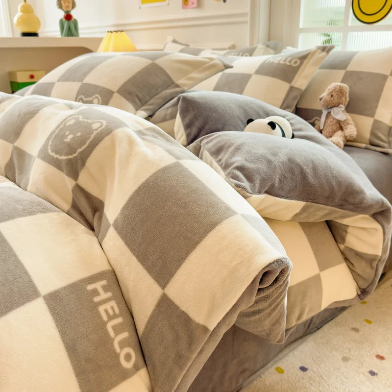 Cartoon Print Milk Velvet Duvet Cover Set Sheet Pillowcase Winter Plush Comforter Cover Set Home Textile Queen King Bedding Set