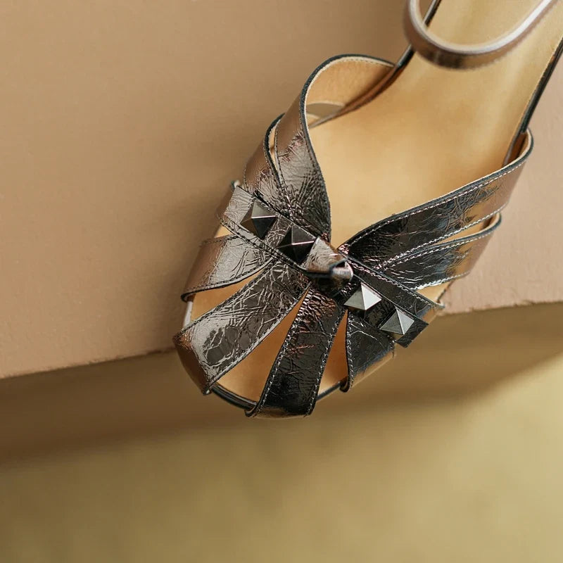 Baotou Cowhide Metal Rivet Set Diamond Bag and Roman High Heel