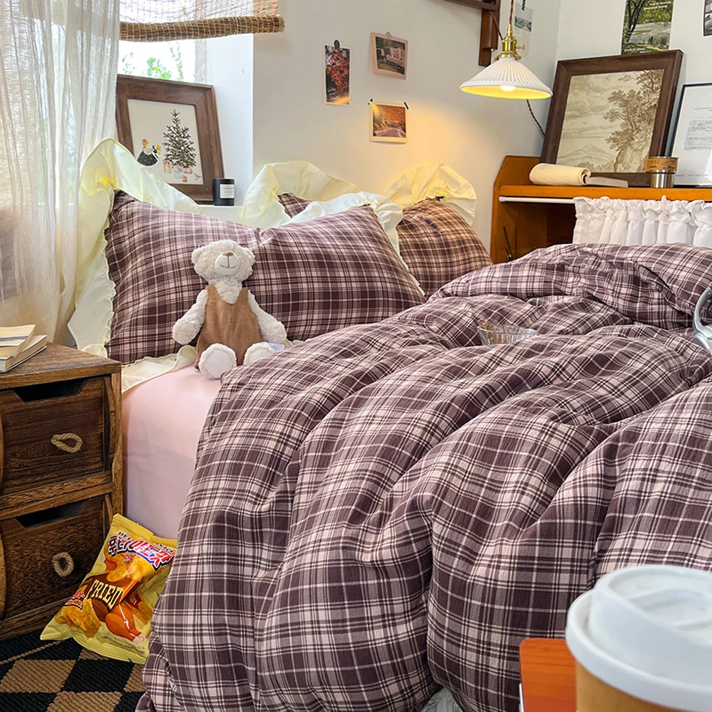 3/4Pcs Grid Stripes Ruffles Bedding Set