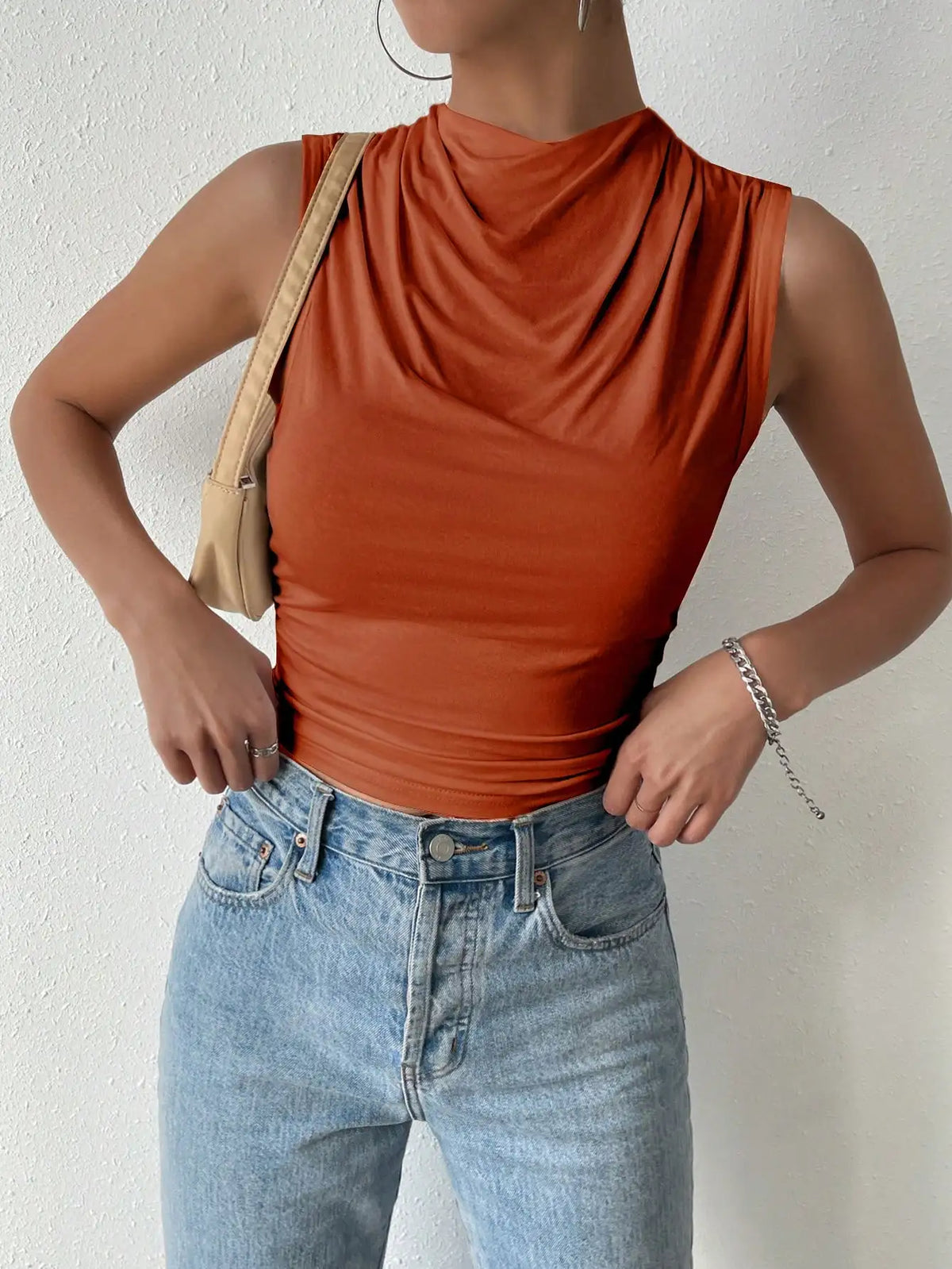 Simona Pleated High Neck Top