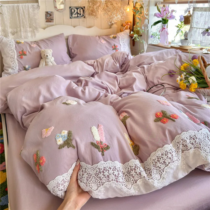 3/4Pcs Korean Princess Style Floral Embroidered Towel Bedding Set