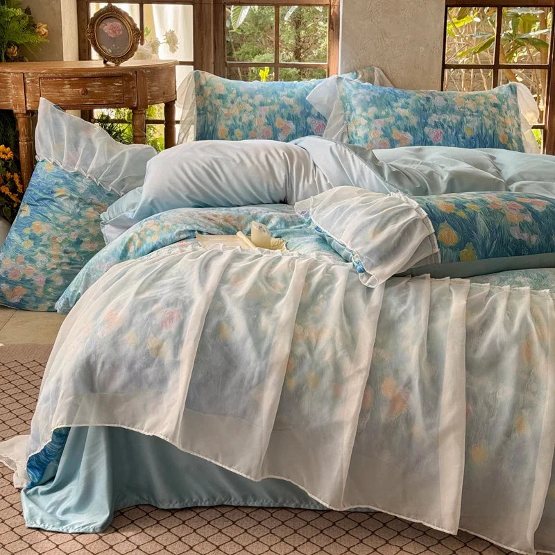3/4Pcs French Princess Style Tencel Cotton Ice Silk Summer Cooling Comforter Set Blue Print Ruffle Bedding Set