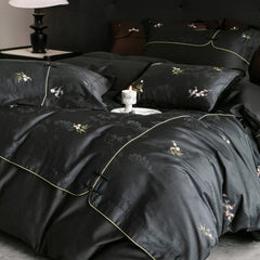 Chinese Style Bamboo Jacquard Plum Blossom Embroidery Egyptian Cotton Luxury Bedding Set