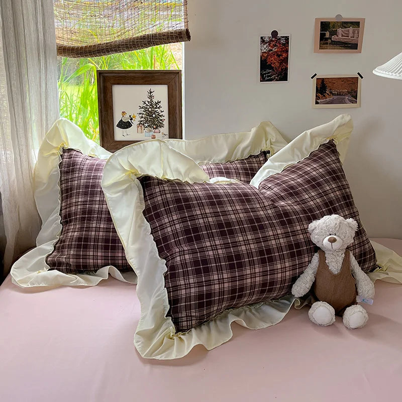 3/4Pcs Grid Stripes Ruffles Bedding Set