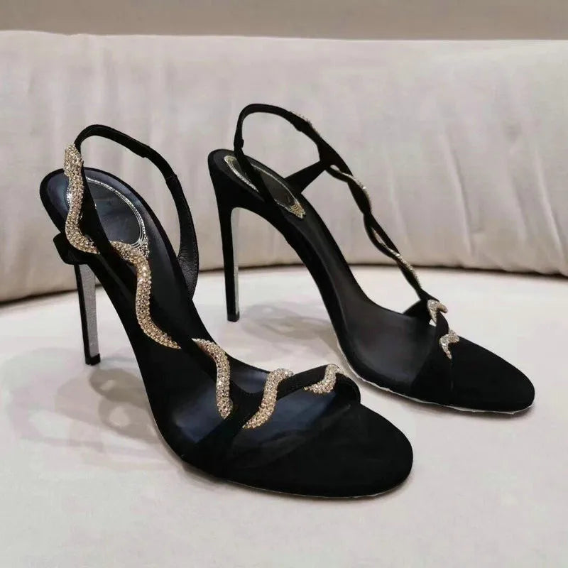 French Sexy Black Gold Rhinestone Stilettos Temperament Socialite Fairy Serpentine Sandals