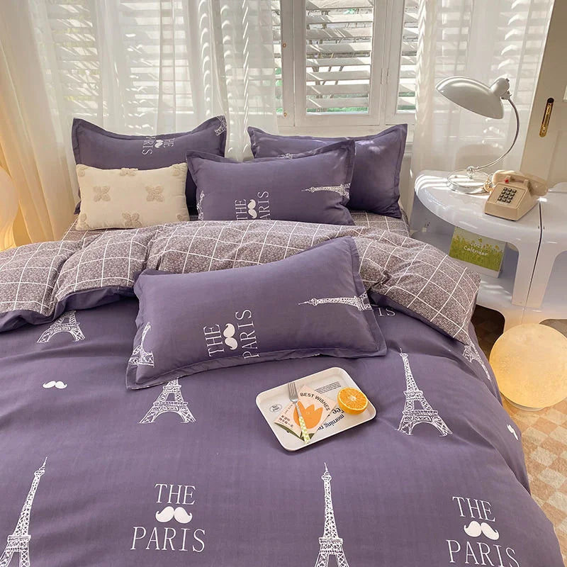 Ins Orange Checkerboard Duvet Cover Flat Sheet Pillowcases Twin Full Double Size Pink Blue Bedding Set