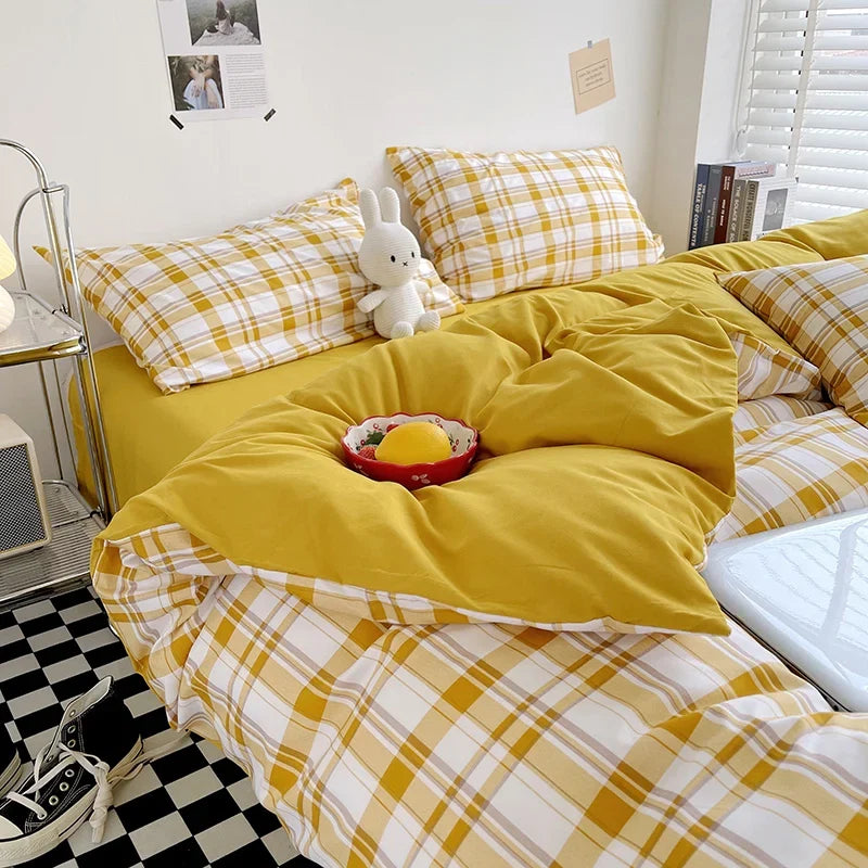 Brushed Japanese Muji-Style Plaid Striped Duvet Cover and 2 Pillowcases minimal queen twin size quilt cover 3pcs bedding sets