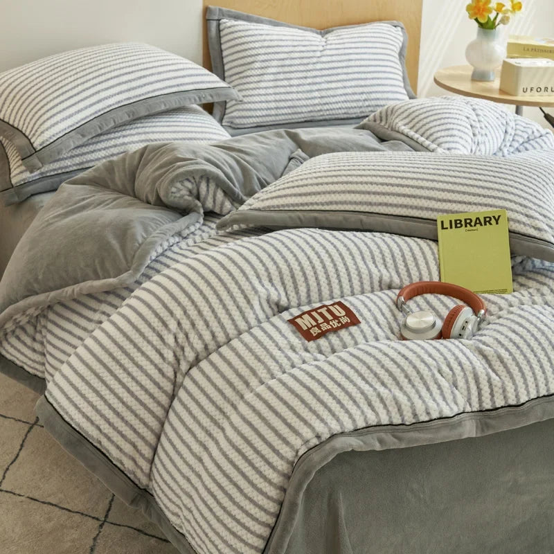 Japanese Striped Milk Velvet Bedding Set