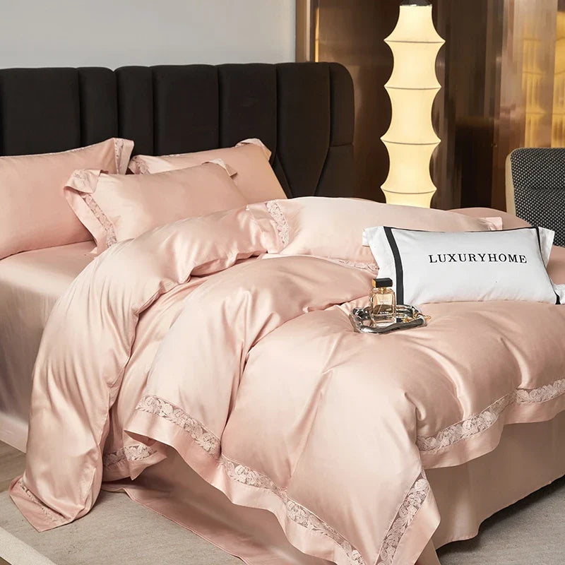 Premium 1000TC Lyocell Cotton Flowers Hollow Lace Wide Edge Embroidery Bedding Set