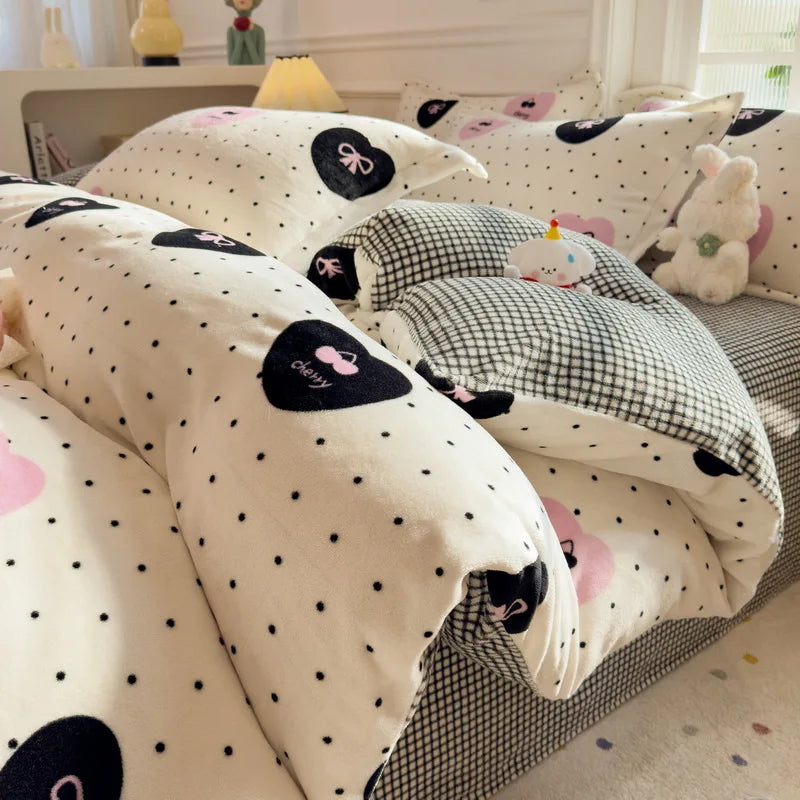 Cartoon Print Milk Velvet Duvet Cover Set Sheet Pillowcase Winter Plush Comforter Cover Set Home Textile Queen King Bedding Set