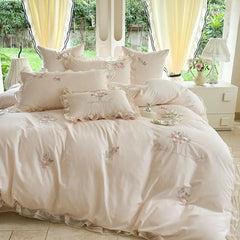 Rose Flowers Embroidery Lace Ruffles Princess Bedding Set