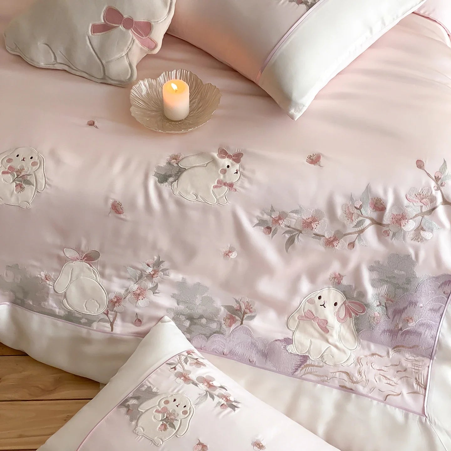 Pink Cute Rabbit Embroidery 600TC Lyocell Soft Silky Cooling Summer Bedding Set