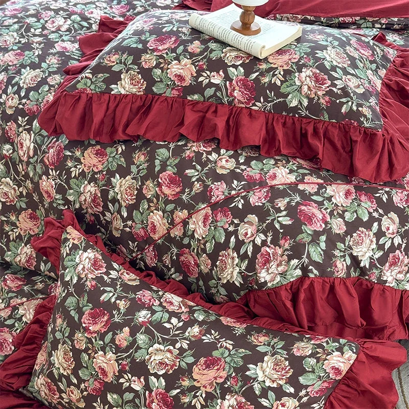 100% Cotton Vintage Rose Print Ruffles Bedding Set