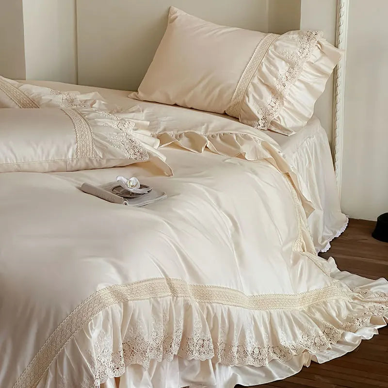 French Vintage Lace Ruffles Pure Cotton Princess Bedding Set