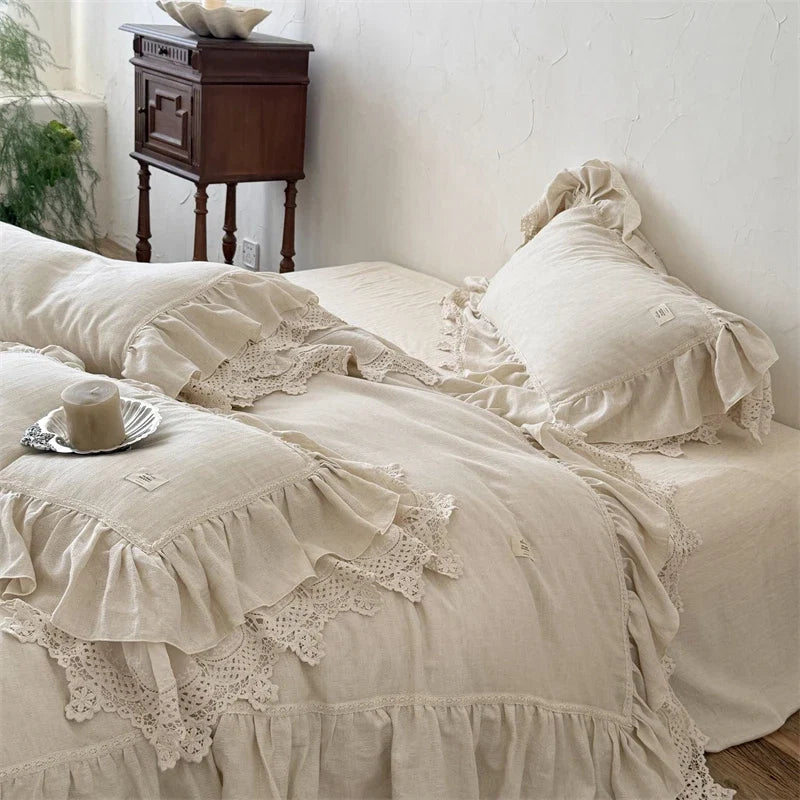 20% Linen And 80% Cotton Double Layer Lace Ruffles Vintage French Bedding Set