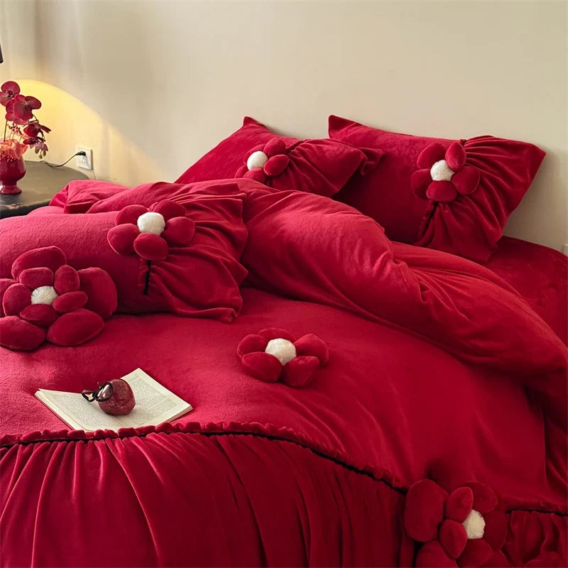 Three-dimensional Flowers Embroidery Ruffles Red Bedding Set