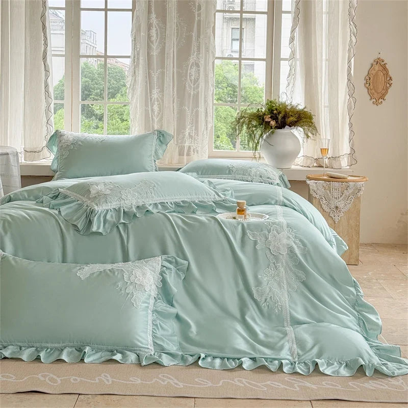 Pink Flowers Embroidery Ruffles Princess Wedding Bedding Set