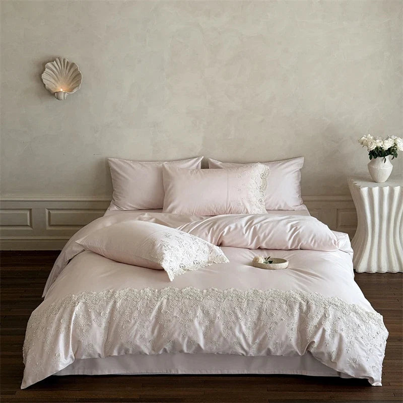 1000TC Egyptian Cotton Red Lace Embroidery Wedding Bedding Set