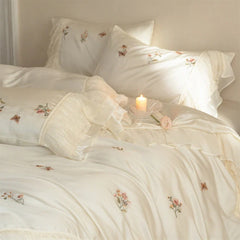 Flowers Embroidery Lace Ruffles Princess Wedding Bedding Set