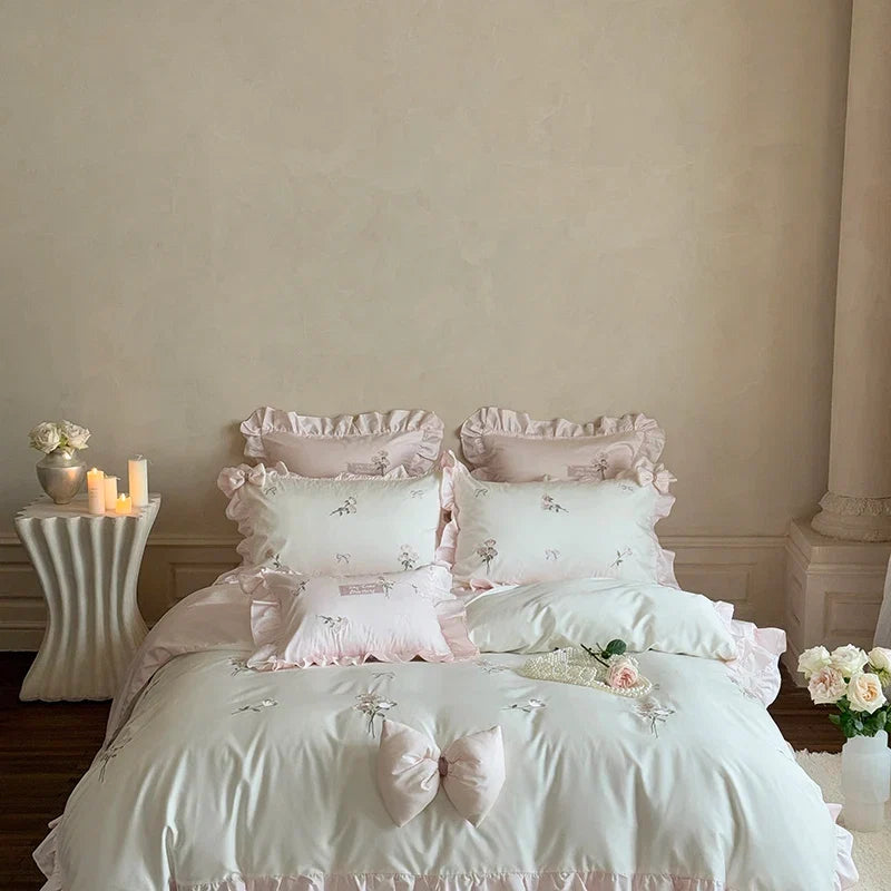 4Pcs Rose Embroidery Bow Ruffles Princess Wedding Bedding Set