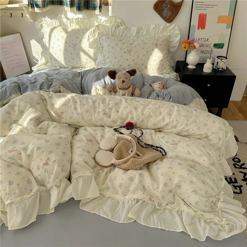 3/4Pcs Korean Princess Style Floral Ruffles Bedding Set