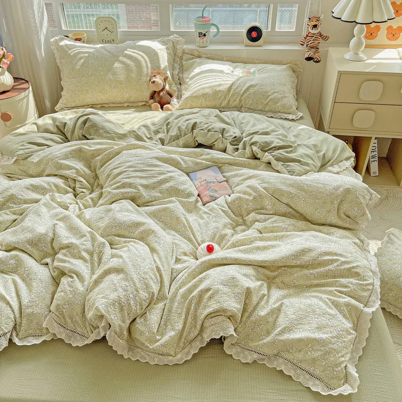 4pcs Floral Printed Duvet Cover Set Korean Lace Bedding Set