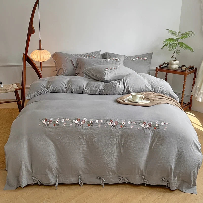 Vintage Floral Embroidered Lace-Up White Bedding Set