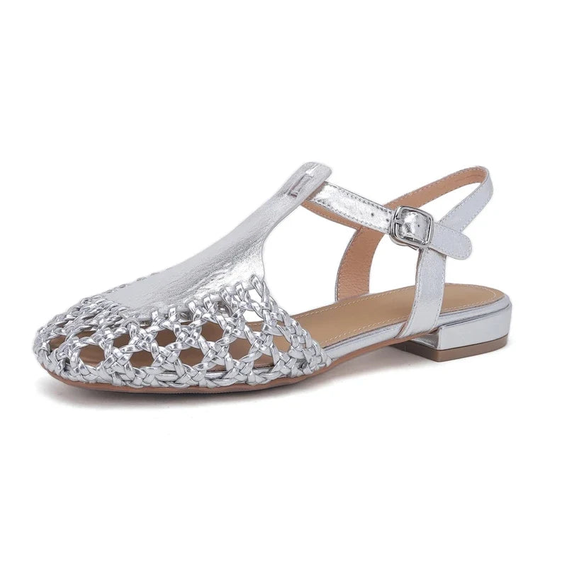 Square Head Cowhide Woven Hollow Out Comfortable and Breathable Low Heel